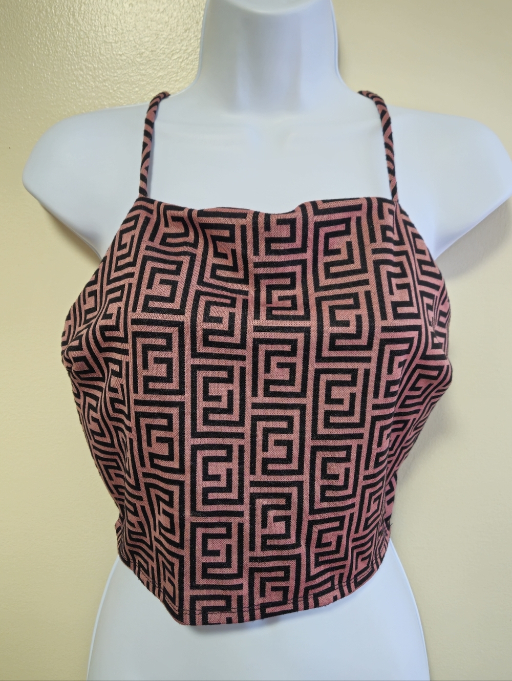 Vintage 90s Crop Criss Cross Back Going Out Top Geometric Roman Women Large
